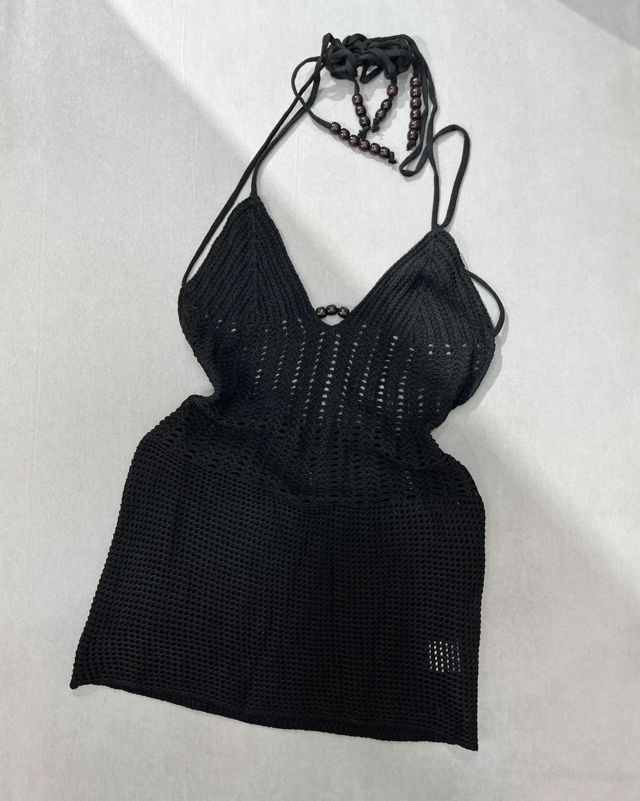 1. black-backless-beach-dress-coverup رومایویی مشکی پشت باز بند گردنی سایز S | فروشگاه قرتی