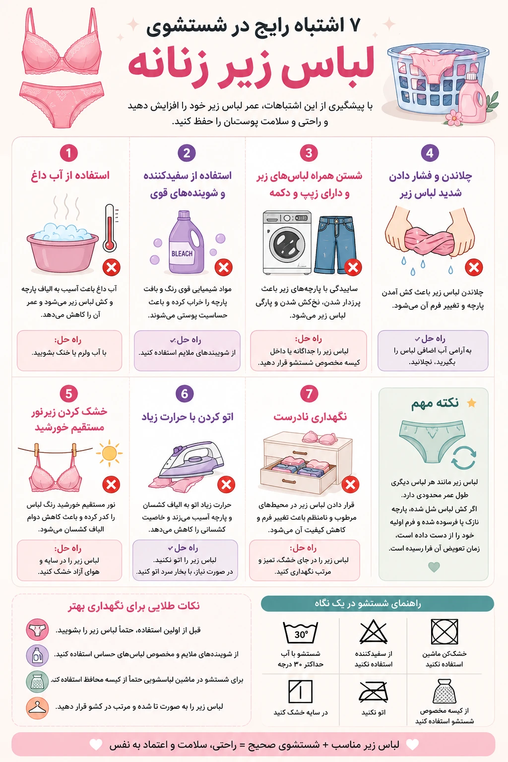 راهنمای خرید لباس زیر زنانه؛ چگونه بهترین مدل، جنس و سایز را انتخاب کنیم؟ 6 ۷ اشتباه رایج در شستشوی لباس زیر زنانه
