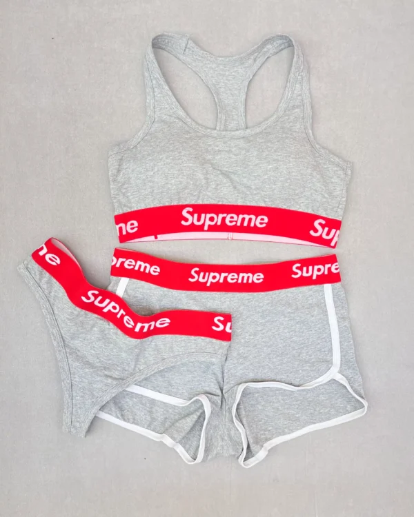 خرید ست سه تکه نیم تنه و شورت لامبادا و شورتک supreme طوسی