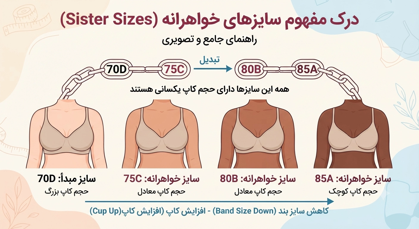 تفاوت سایز سوتین A، B، C و D چیست؟ راهنمای کامل انتخاب کاپ مناسب 3 Sister Size چیست؟