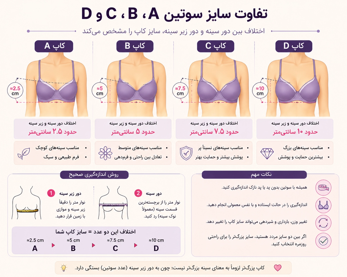 تفاوت سایز سوتین A، B، C و D چیست؟ راهنمای کامل انتخاب کاپ مناسب 2 تفاوت سایز سوتین A، B، C و D چیست؟